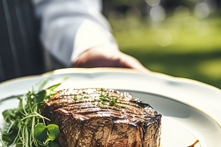 Steak served by a waiter at a luxury event outdoors, fine dining, a Photo by Anneleven