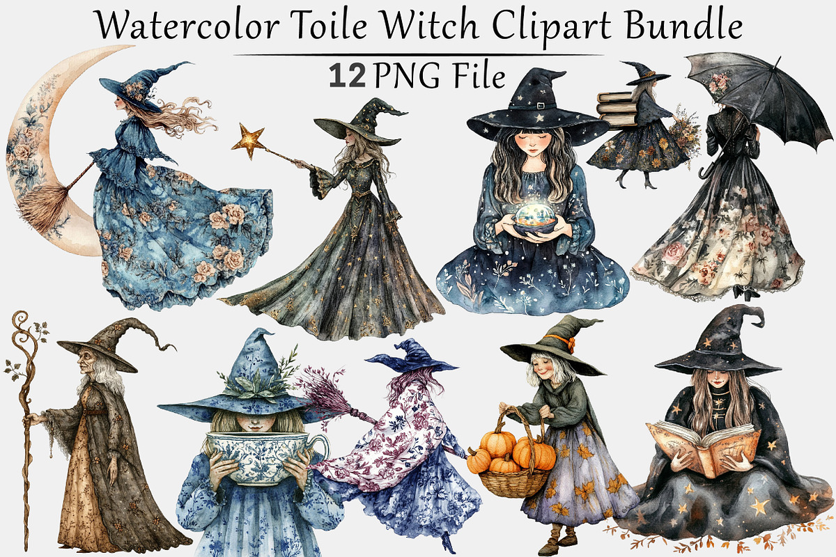 Watercolor Toile Witch Clipart, a Seasonal Illustration by CitraGraphics (Photo 1 of 4)