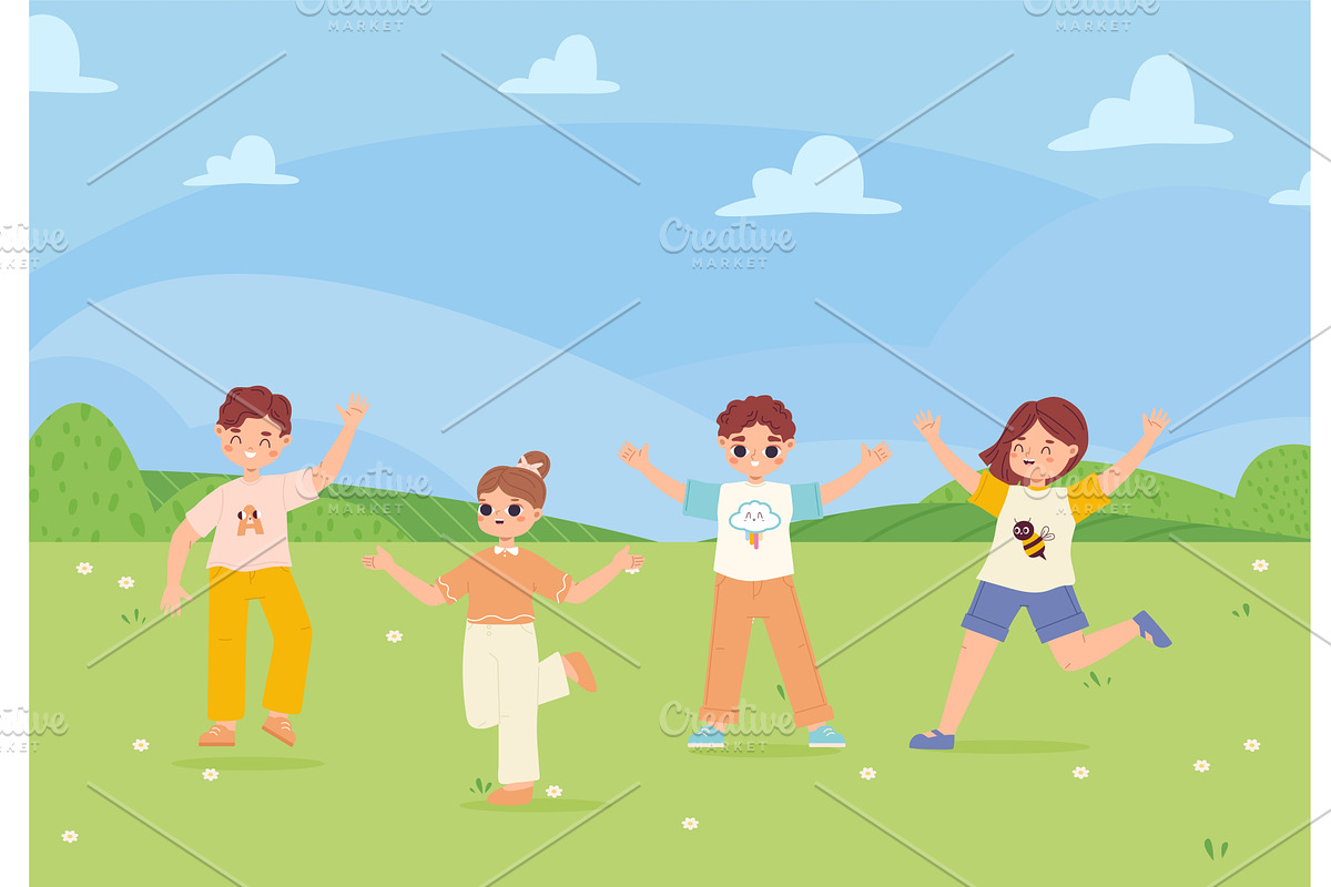 Happy cartoon children on green, a Person Illustration by Valerie Bodnar