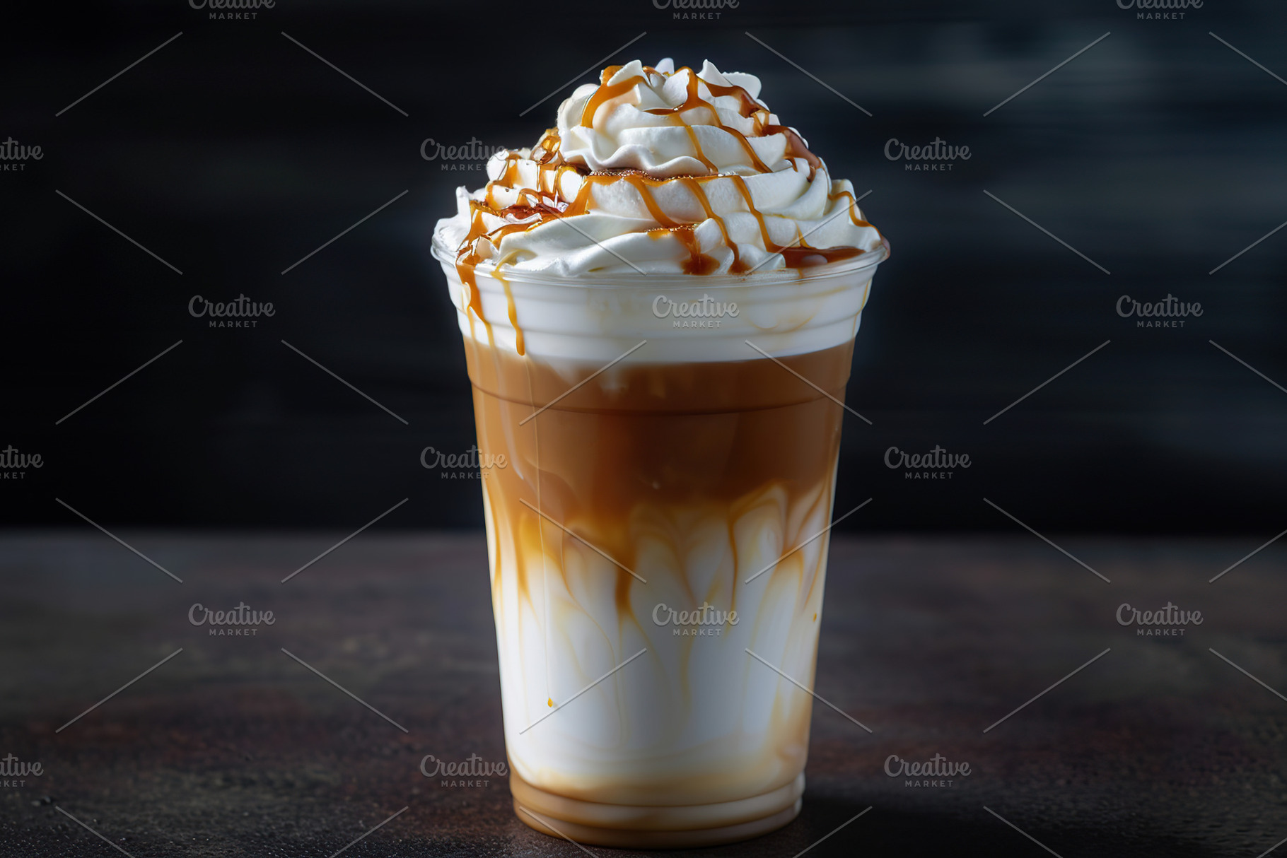 Iced coffee latte in cup on dark background, a Food & Drink Photo by AlyaAnd