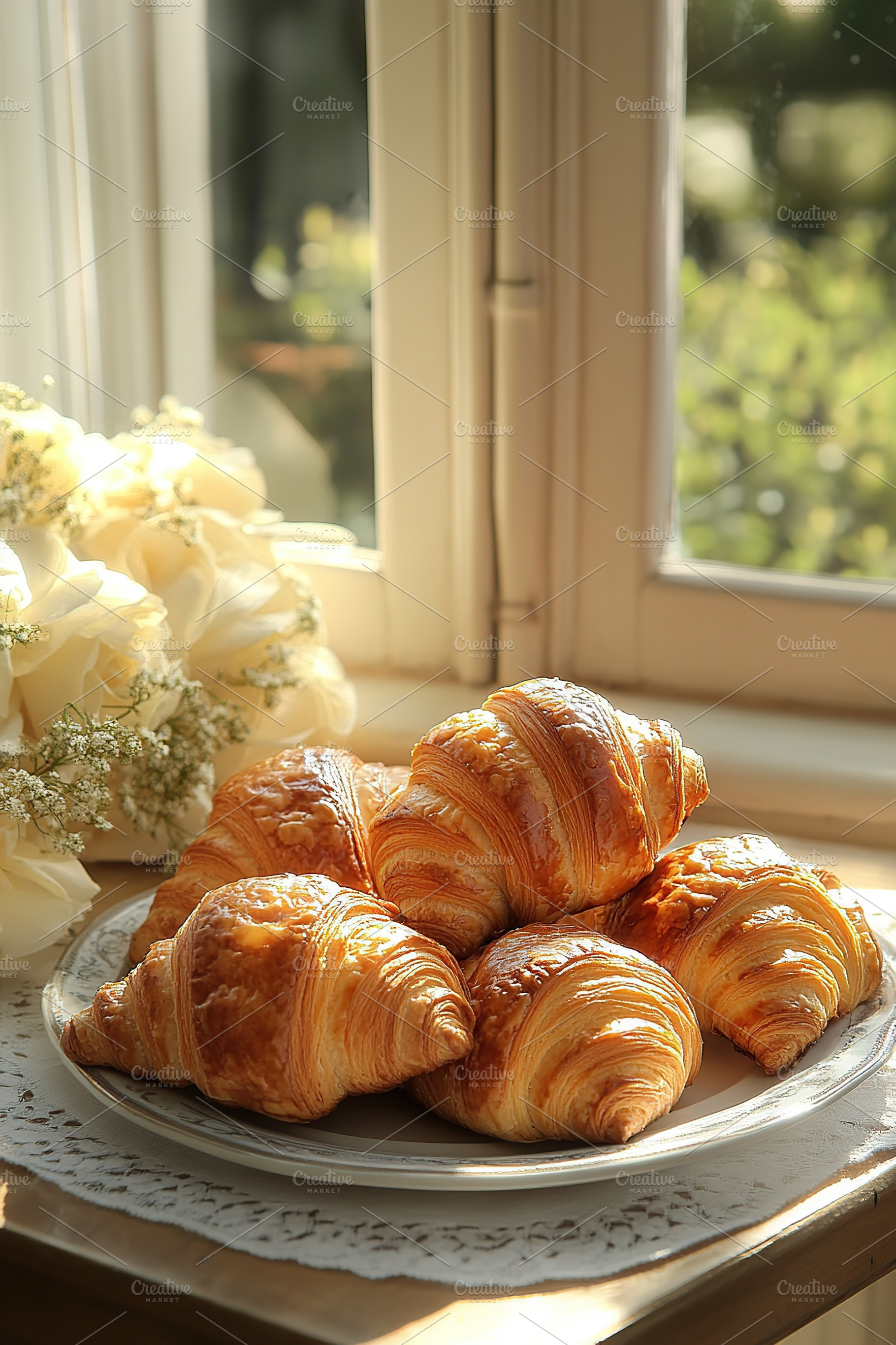French pastry croissants on windowsill with sunrays, a Food & Drink Photo by AlyaAnd