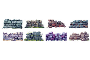 Cartoon Stone Wall Set. Destroyed