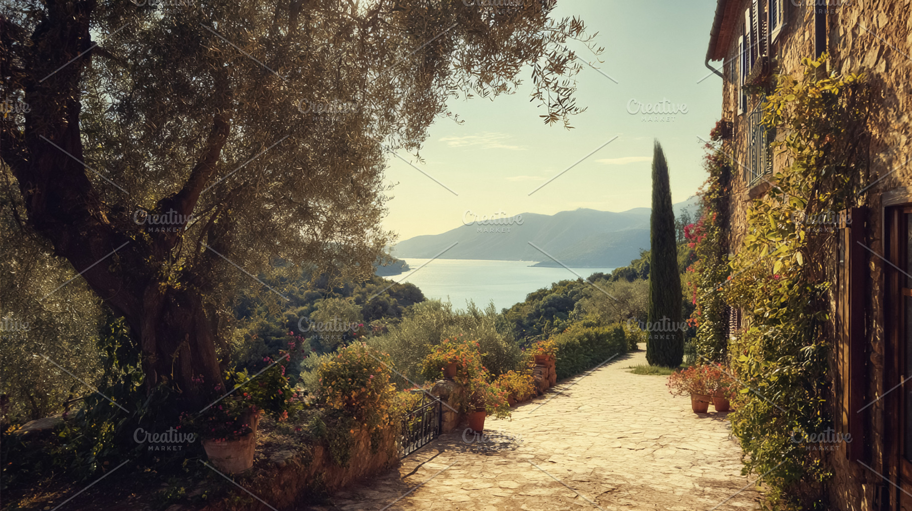 Old stone villa with green shutters overlooking a bay, featuring, a Photo by Studio ANNA