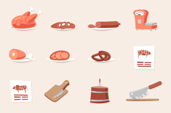 Meat Butcher Shop Retro Icons