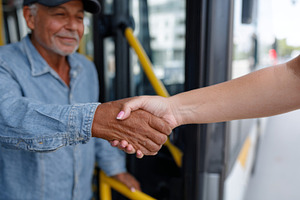 An older Hispanic man shakes hands with a woman outside a bus, showcasing a mom, a Business Photo by ImageMir