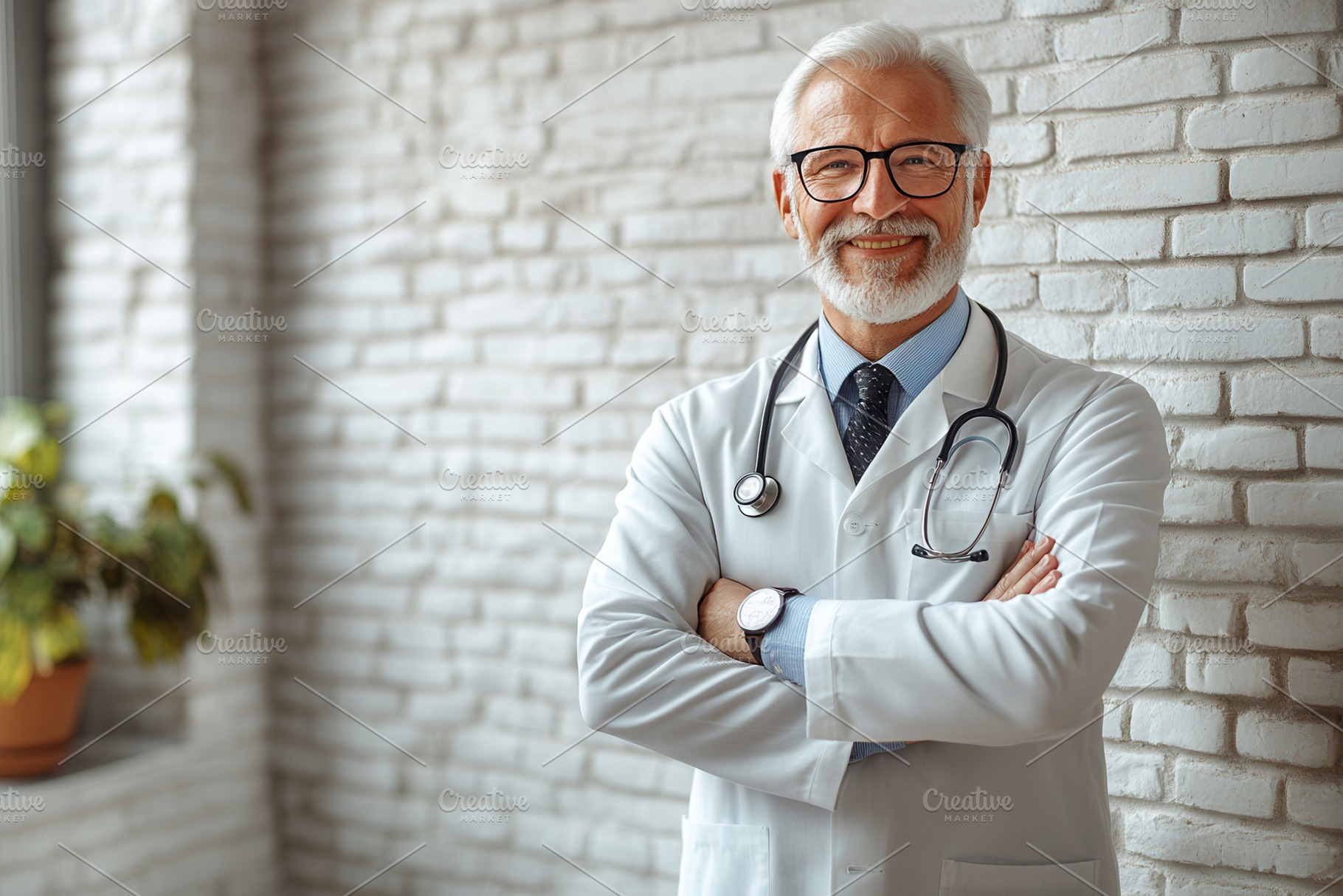 Senior doctor in a white coat smiles, a Photo by Tanuart