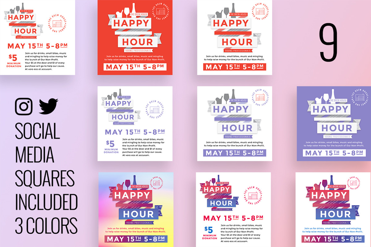 Happy Hour Poster Flyer+Social kit, a Flyer Template by Everyday Monster Creative (Photo 4 of 4)