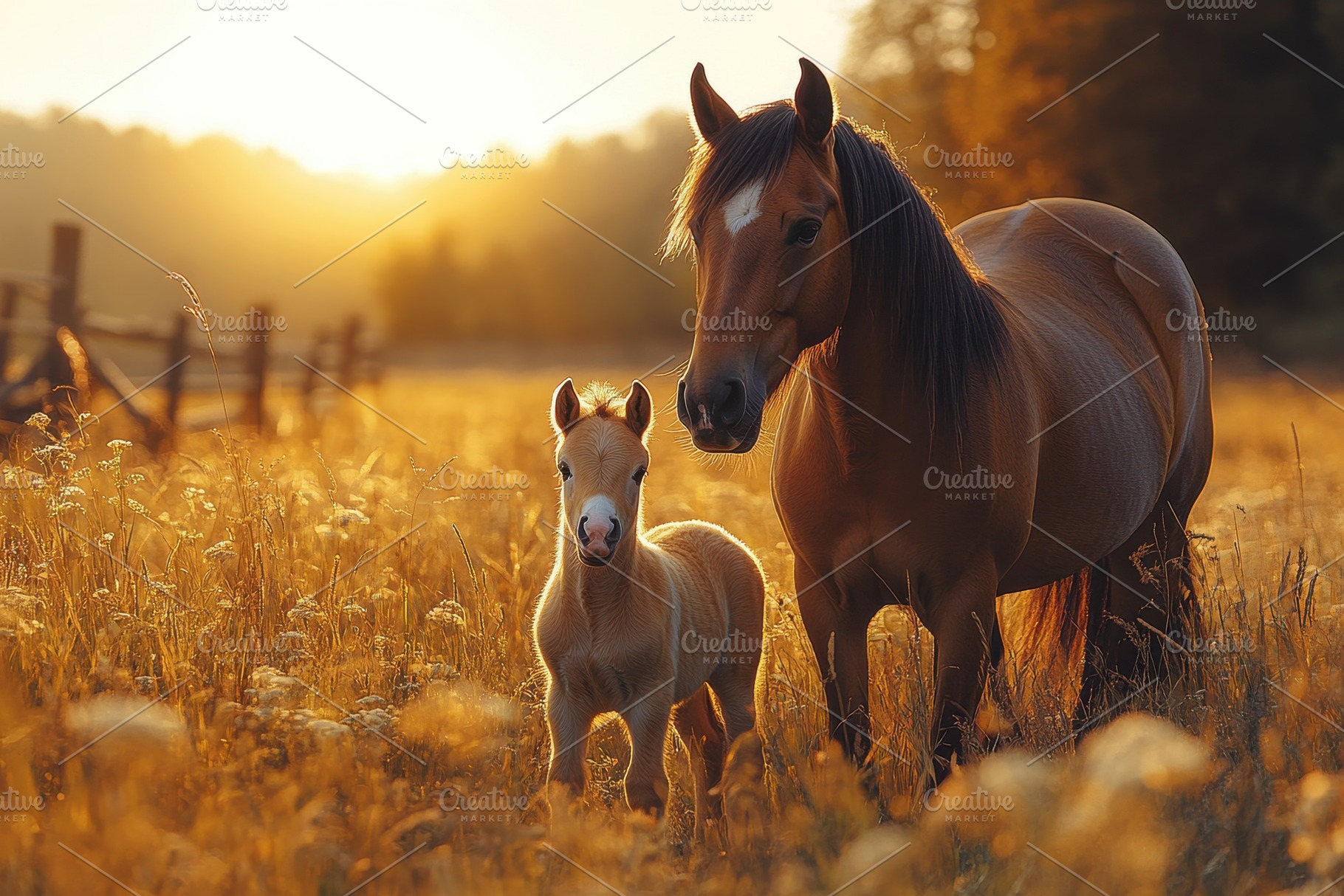Horses in golden sunlight stand toge, a Photo by Tanuart