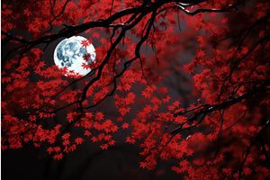 Tranquil Red Leaves Night Moon