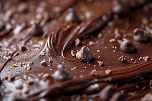 Close-up of rich chocolate frosting adorned with chocolate chips, a Food & Drink Photo by ImageMir