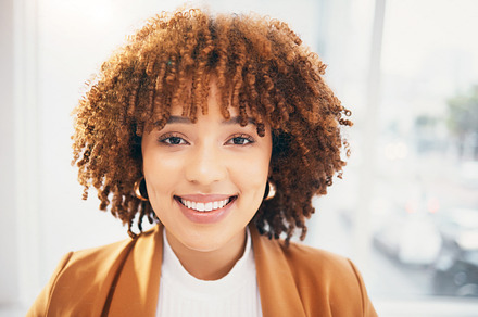 Office, smile and portrait of business black woman in office excited for working, startup career and job. Leadership, success and face of female worker with happy mindset, attitude and company pride, a Photo by Peopleimages.com