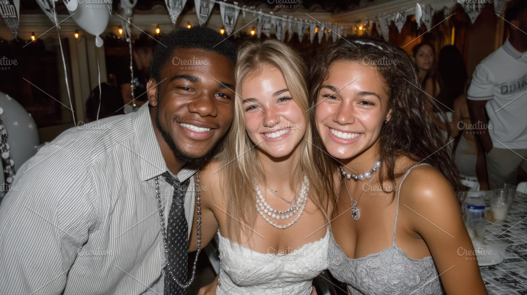 Three smiling young friends at a senior party celebration wearing dressy outfit, a Photo by AS photostudio