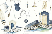 Watercolor Beach houses clipart., an Object Illustration by ArtMaslyana (Thumbnail 1 of 8)