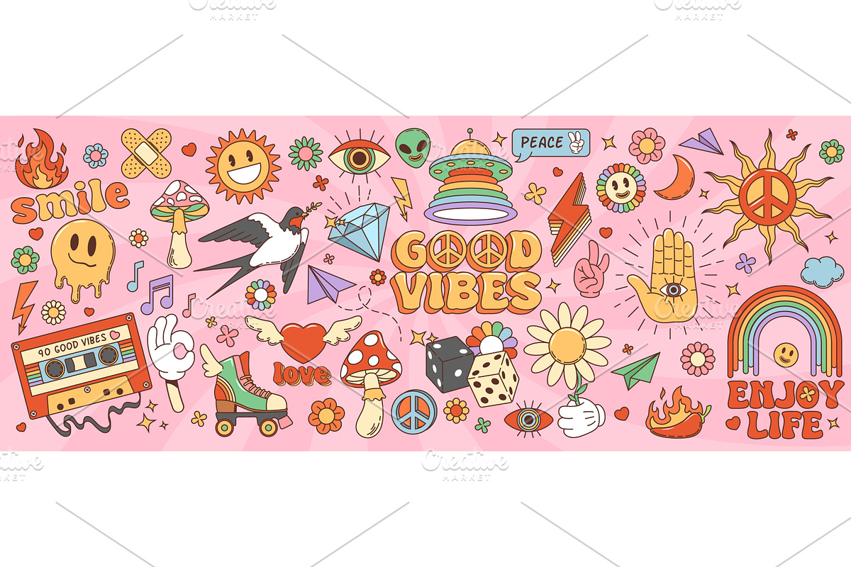 Cartoon retro groovy hippie symbolЫ, an Object Illustration by Buch&Bee