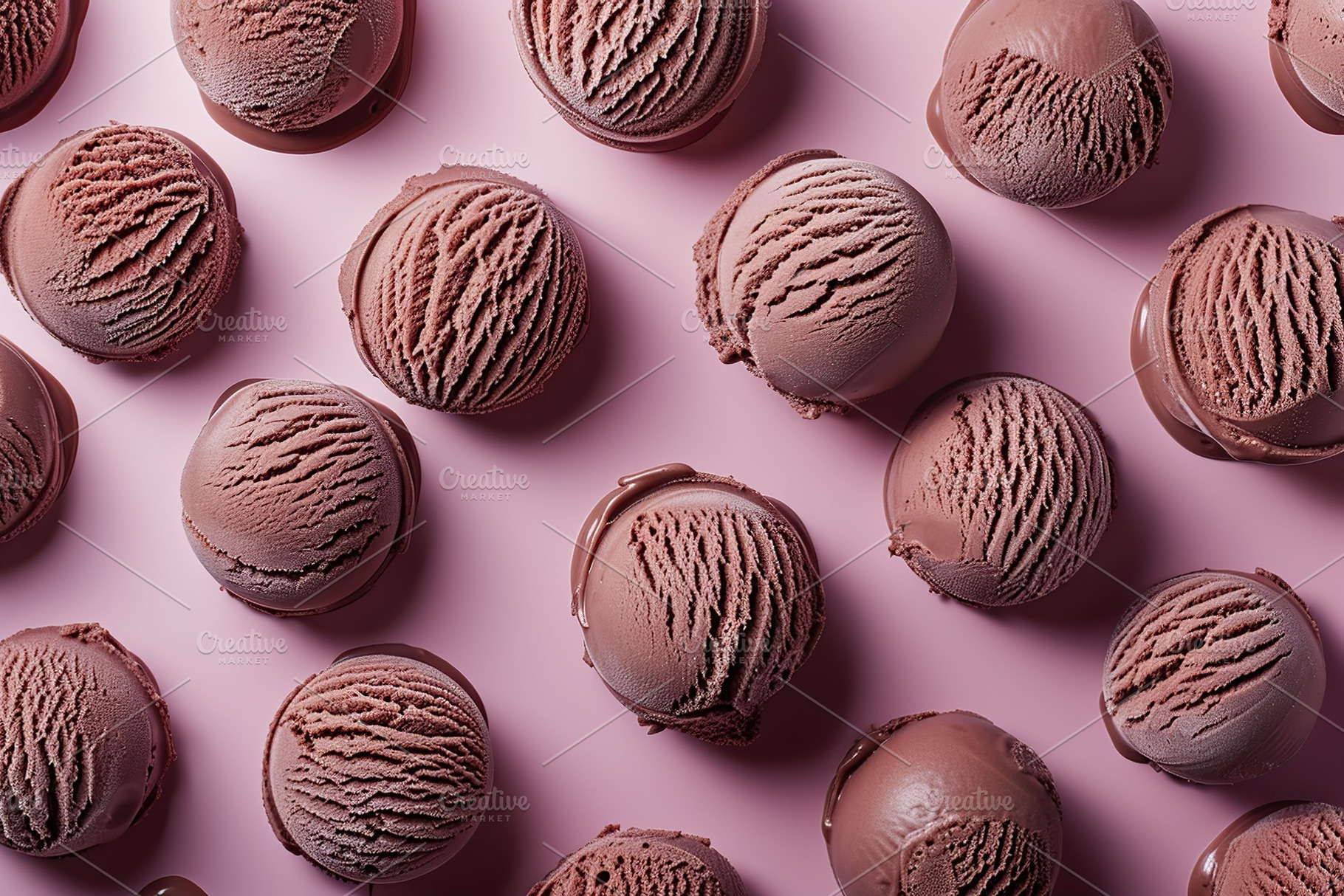 Pattern of chocolate ice cream scoops on brown background, a Food & Drink Photo by AlyaAnd