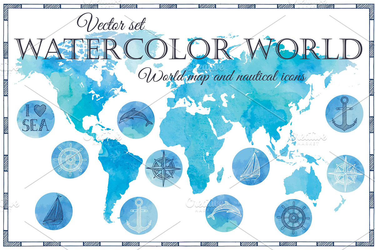 Watercolor World: map and icons, a Wallpaper Graphic by Fortuna Venit (Photo 1 of 6)