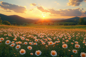 Summer blossoms in a vibrant meadow at sunset with rolling hills and colorful s, a Nature Photo by AlyaAnd