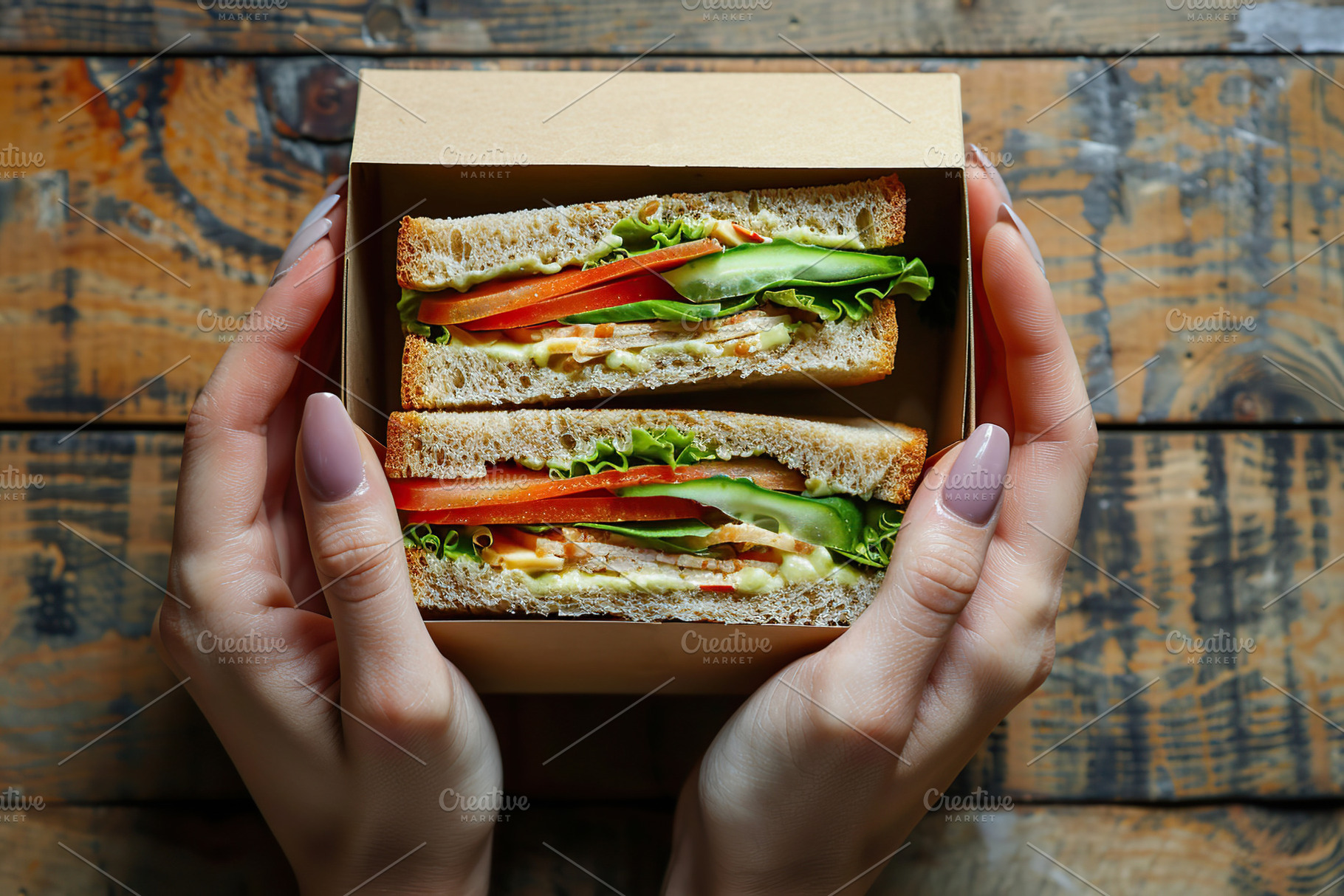 Female hands holding school lunch box with tasty sandwich on woo, a Food & Drink Photo by AlyaAnd
