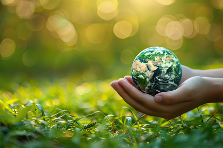 Human hand cradling a small globe ag, a Photo by LOGOCREATIVE
