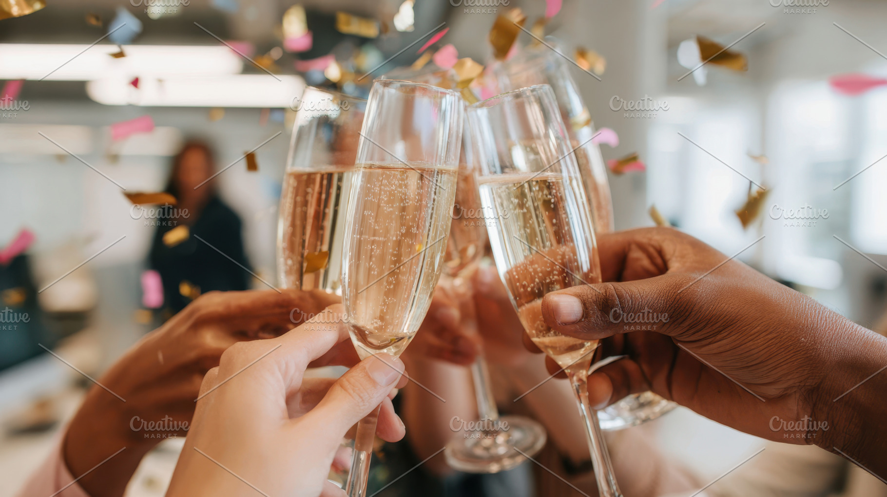 Friends clinking champagne flutes amidst confetti, a Food & Drink Photo by AlyaAnd