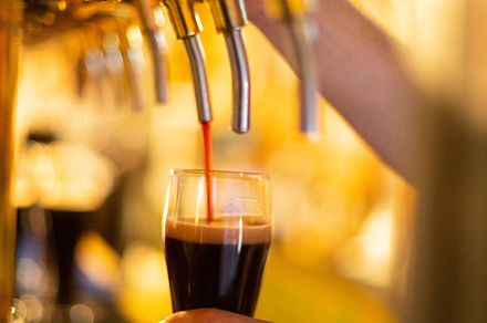 Dark beer is poured into a glass of containing beer, glass, and alcohol, a Food & Drink Photo by oleghz