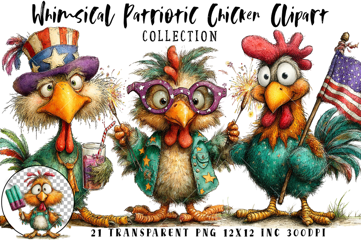 Whimsical Patriotic Chicken Clipart, an Illustration by OK Design (Photo 1 of 6)