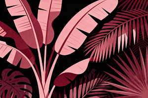 Dark Tropical Pink Leaves Abstract, a Decorative Illustration by Virgo Studio