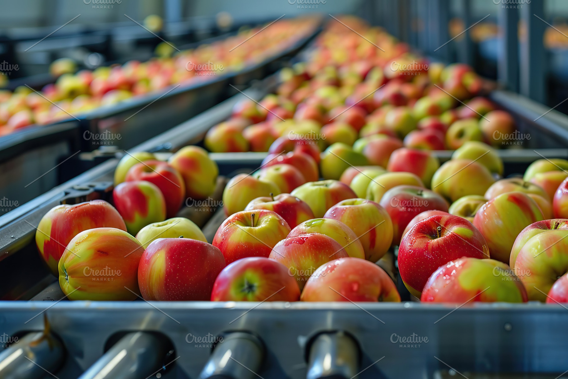 Fresh apples on a conveyor belt at factory, a Food & Drink Photo by AlyaAnd