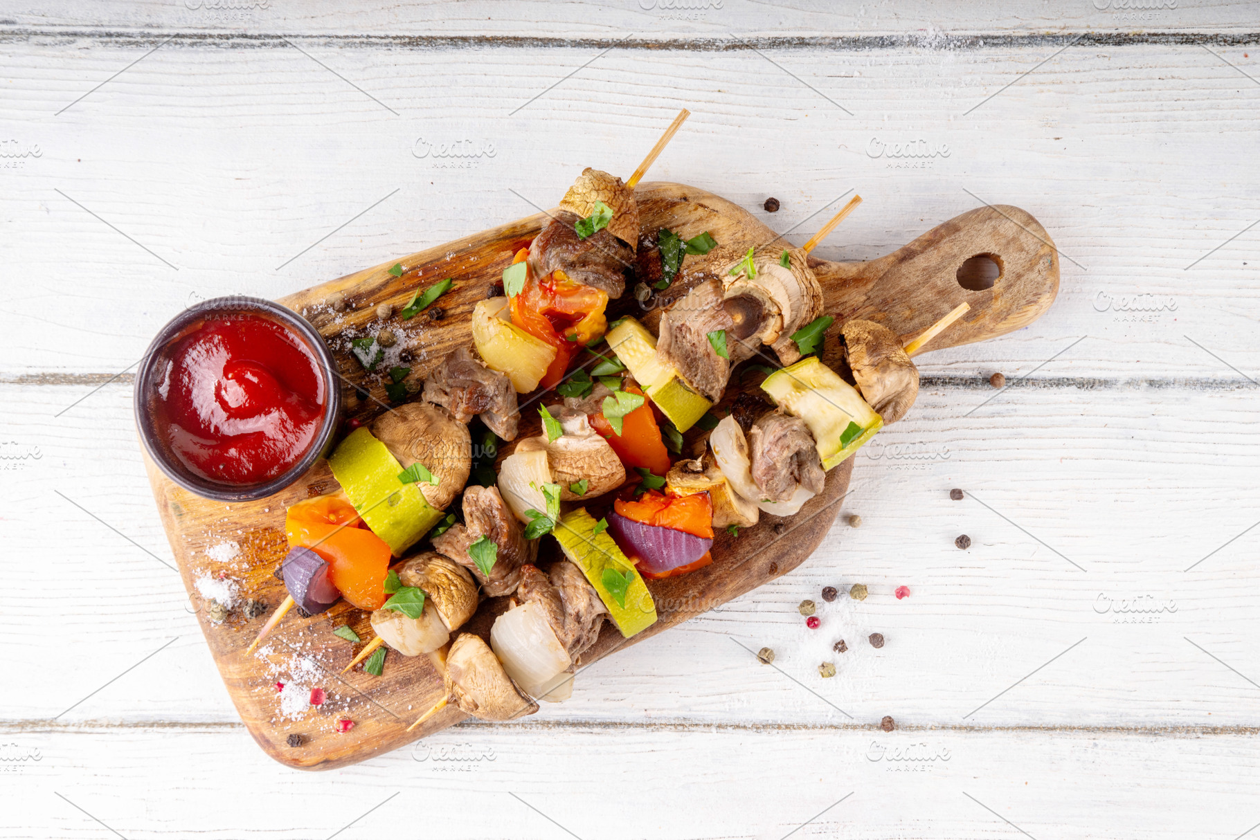 Grilled skewers with meat and vegetables, a Food & Drink Photo by Rimma