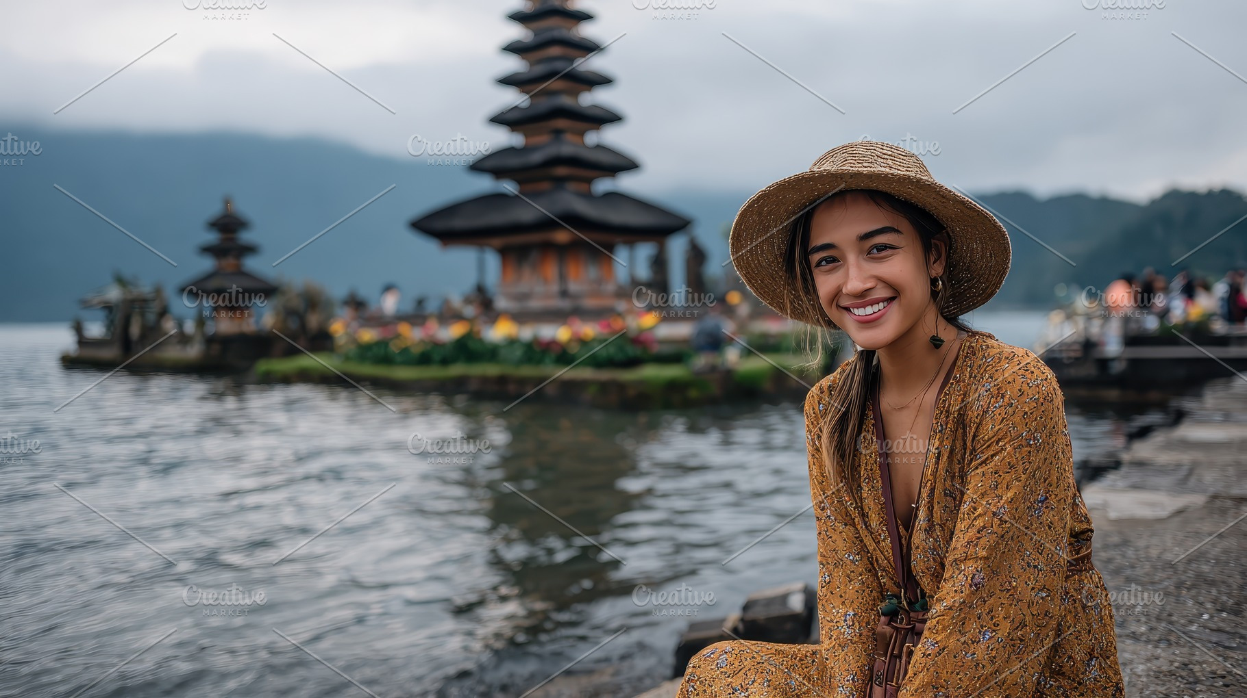 Happy traveler at Ulun Danu Temple B, a Photo by Pixeness Studio