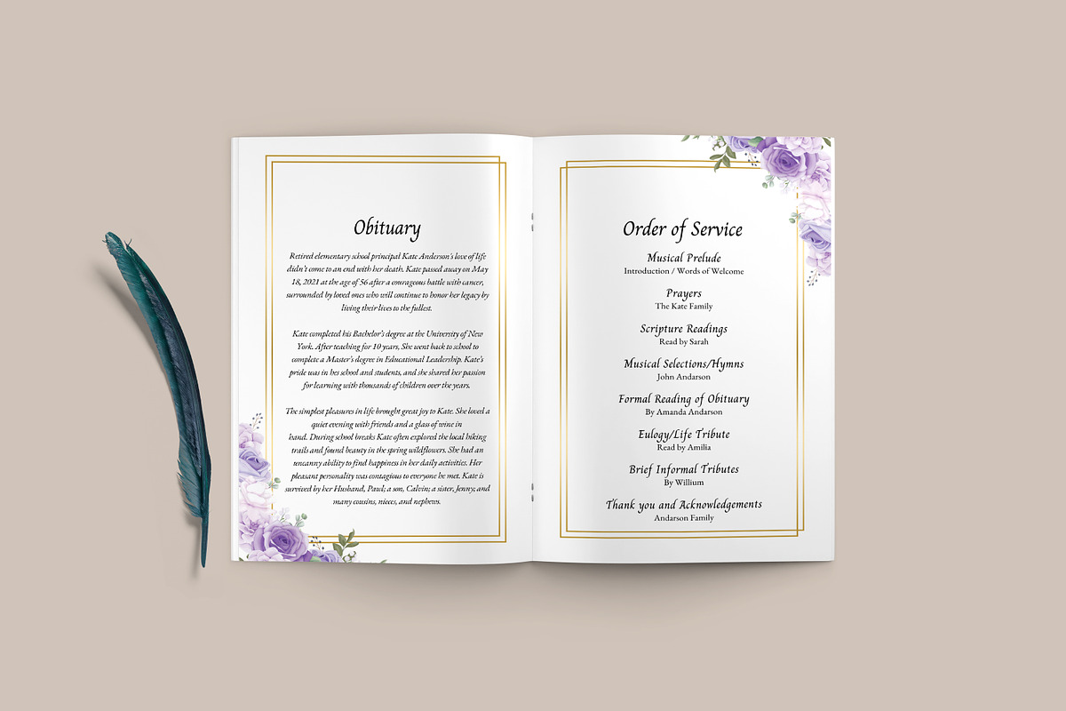 8 Page Purple Rose Funeral Program, a Brochure Template by SmmrDesign (Photo 3 of 6)