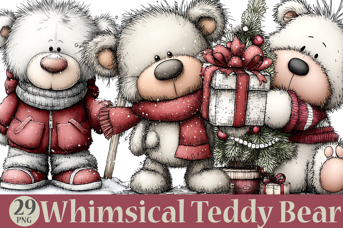 Whimsical Christmas Teddy Bear Clipa, a Seasonal Illustration by YA Design (Photo 1 of 7)