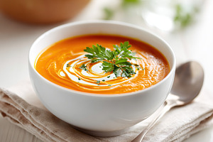 Delicious orange soup garnished with herbs served in a white bowl, a Food & Drink Photo by AlyaAnd