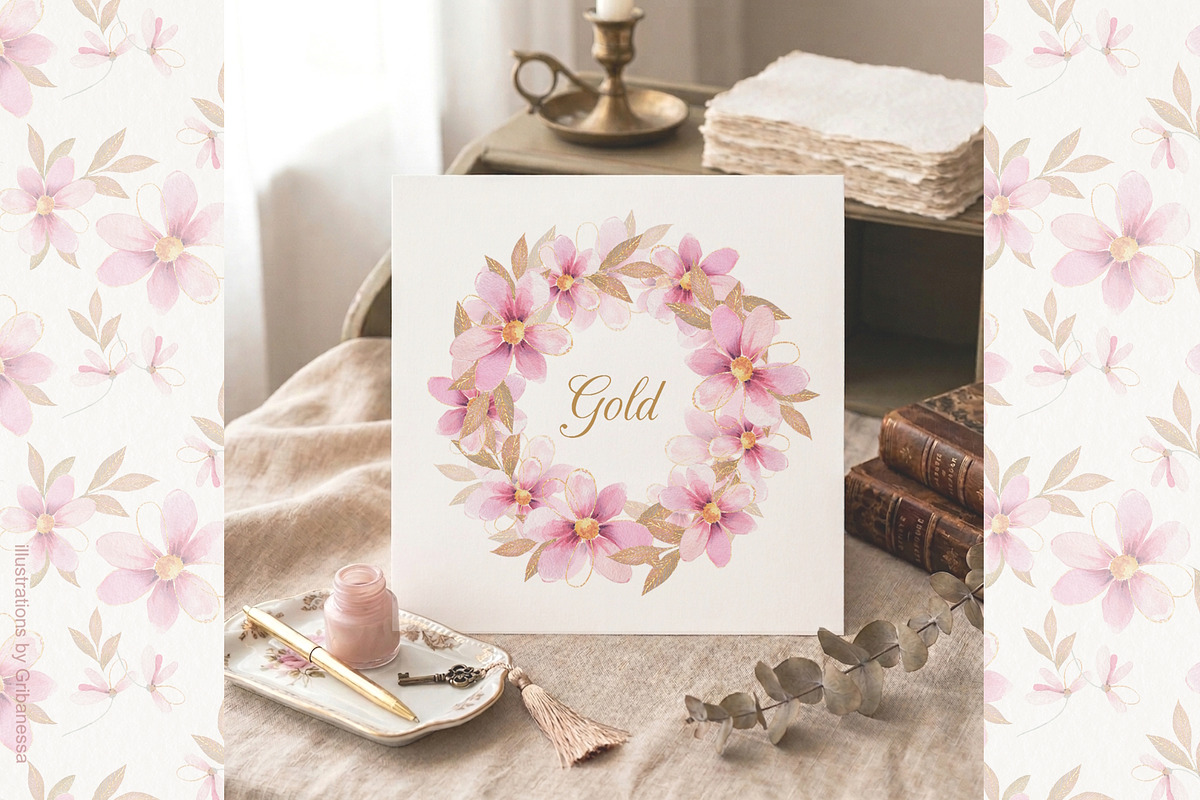 Pink Watercolor Flowers & Gold, a Decorative Illustration by Gribanessa (Photo 13 of 13)
