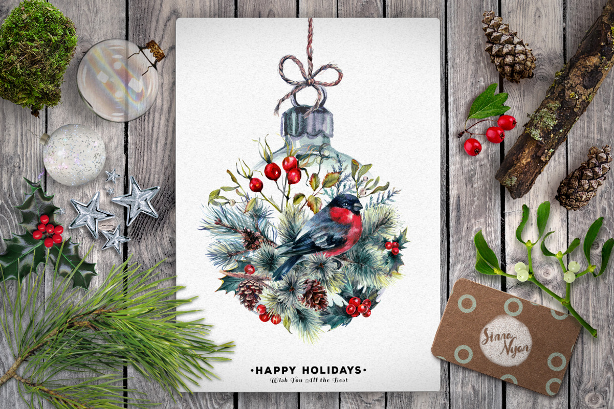 Mr.Bullfinch Watercolor ClipArt Xmas, a Decorative Illustration by Inna Sinano (Photo 8 of 12)