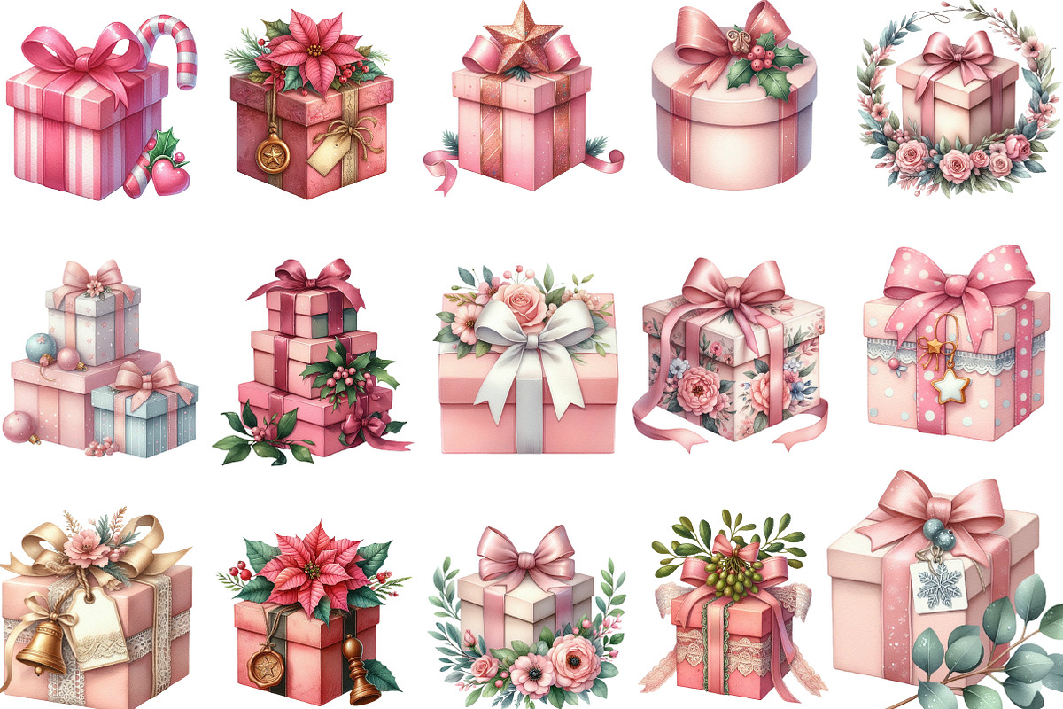 Vintage Pink Christmas Gifts Clipart, an Illustration by Designking (Photo 3 of 5)