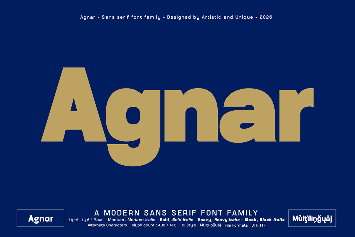 Agnar - Sans serif font family, a Font by Artistic & Unique (Photo 1 of 14)