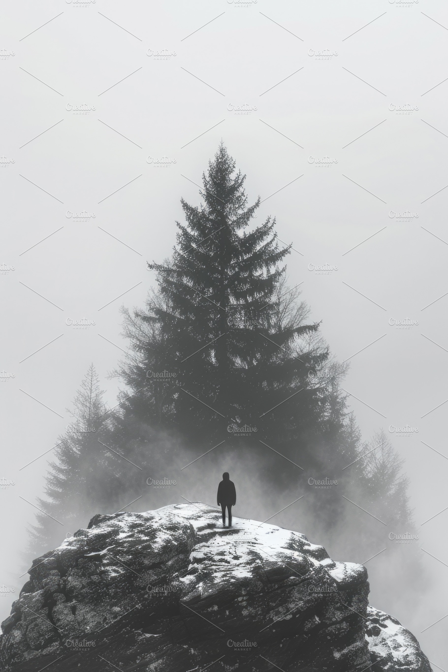 Solitary figure on rocky cliff with misty forest, dramatic minim, an Abstract Photo by José Manuel Gelpi