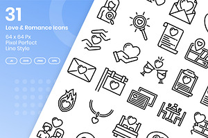 31 Love & Romance Icons Set - Line