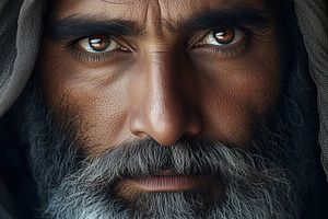 A close-up portrait of a mature arabic man with a thick beard and intense gaze,, a Person Photo by Textures & Backgrounds