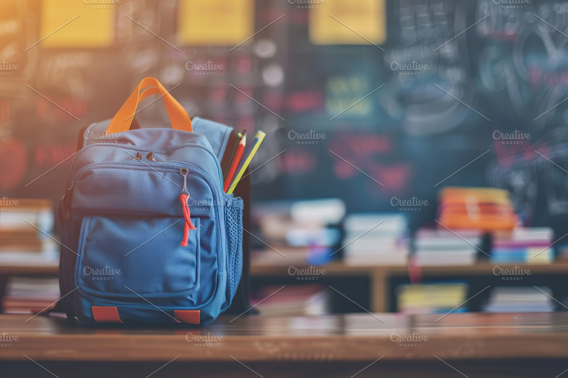 Modern school backpack on blurred classroom background. Back To School concept, a School & Education Photo by AlyaAnd