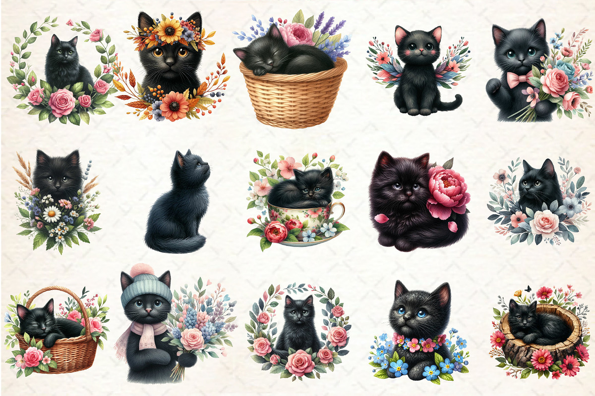 Watercolor Floral Black Cat Clipart, an Illustration by Rose Art (Photo 2 of 8)