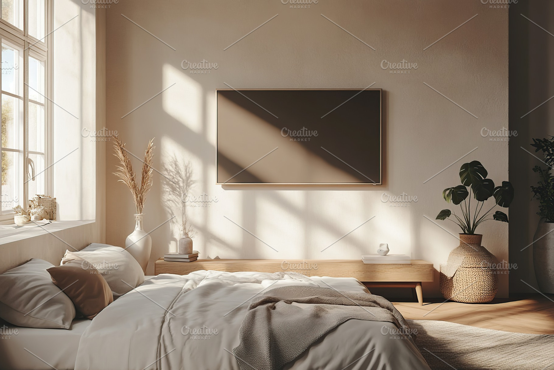 Modern interior design in bedroom with TV on a wall, a Beauty & Fashion Photo by AlyaAnd