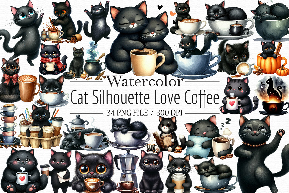 Cat Silhouette Love Coffee Clipart, an Illustration by Libby Wishes (Photo 1 of 12)