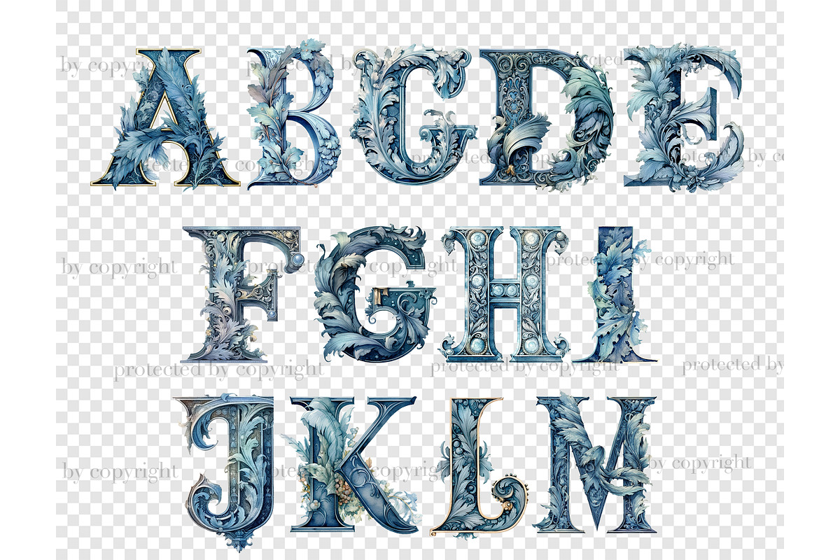 Blue Flowers Alphabet Clipart, a Decorative Illustration by GlamArtZhanna (Photo 4 of 5)
