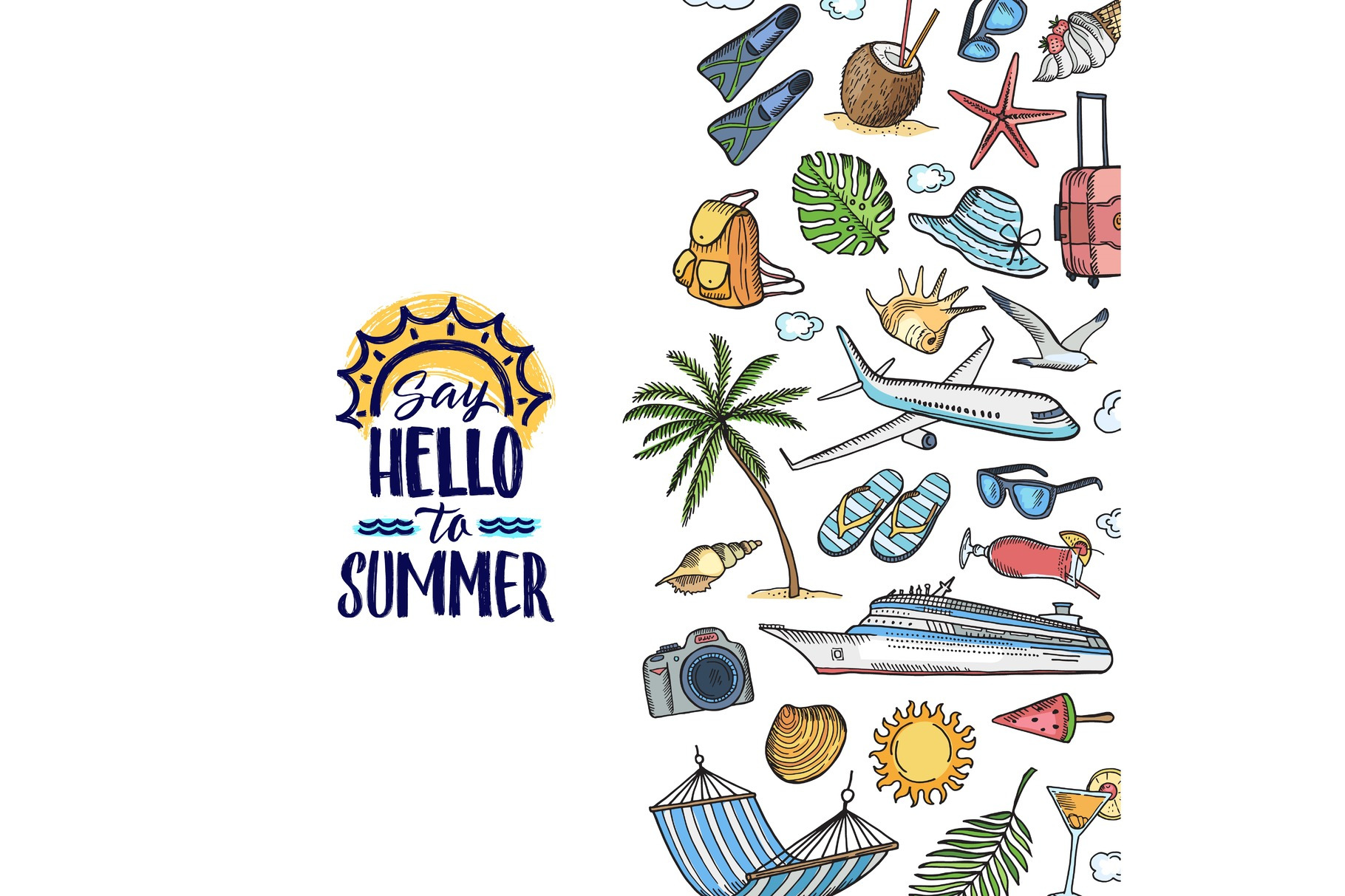 Vector hand drawn summer travel elements background with place for text ...