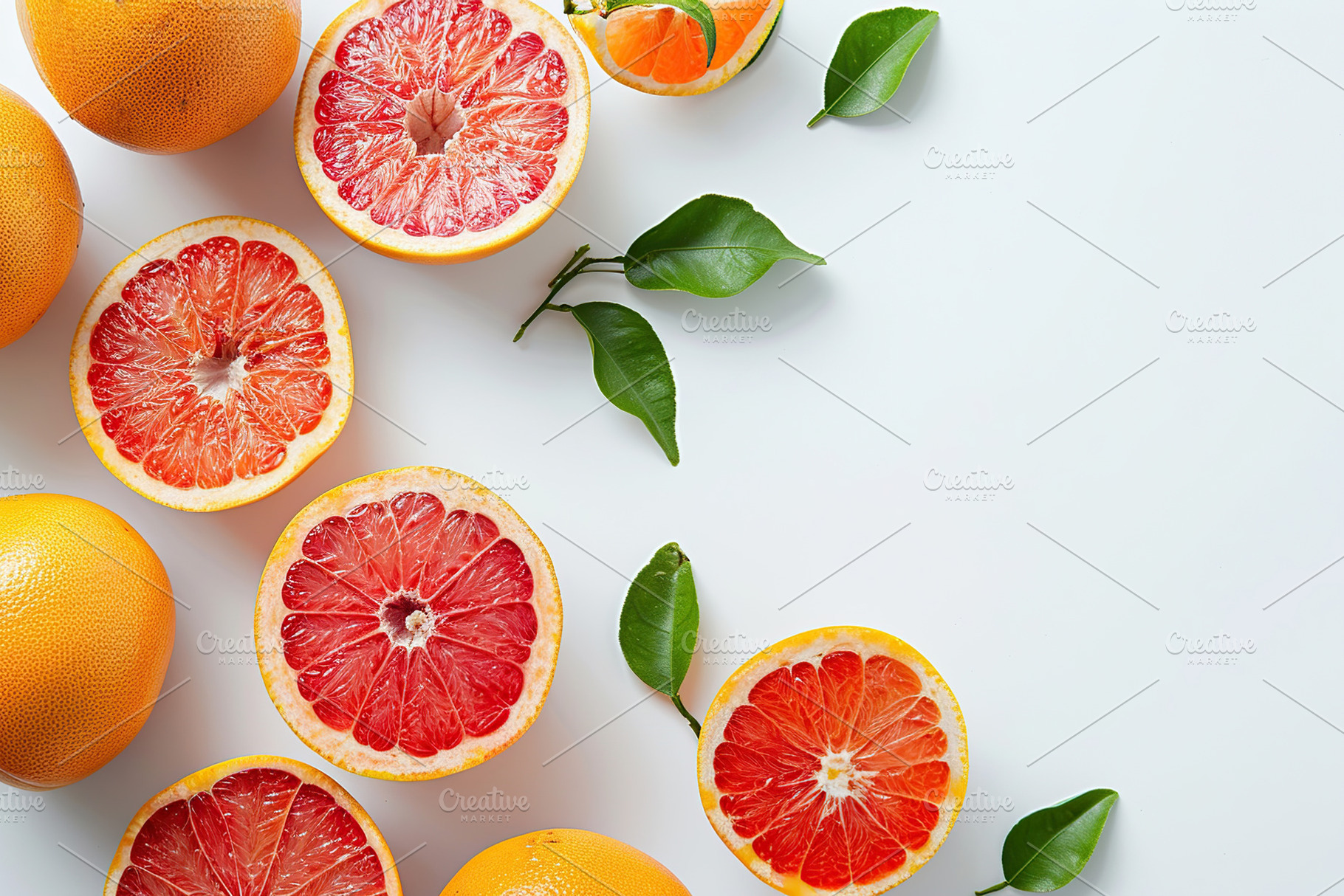 Fresh grapefruit with green leafs on white background, a Food & Drink Photo by AlyaAnd