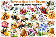 Summer Bees With Flowers Clipart, an Illustration by Sublimation Artist (Thumbnail 1 of 6)