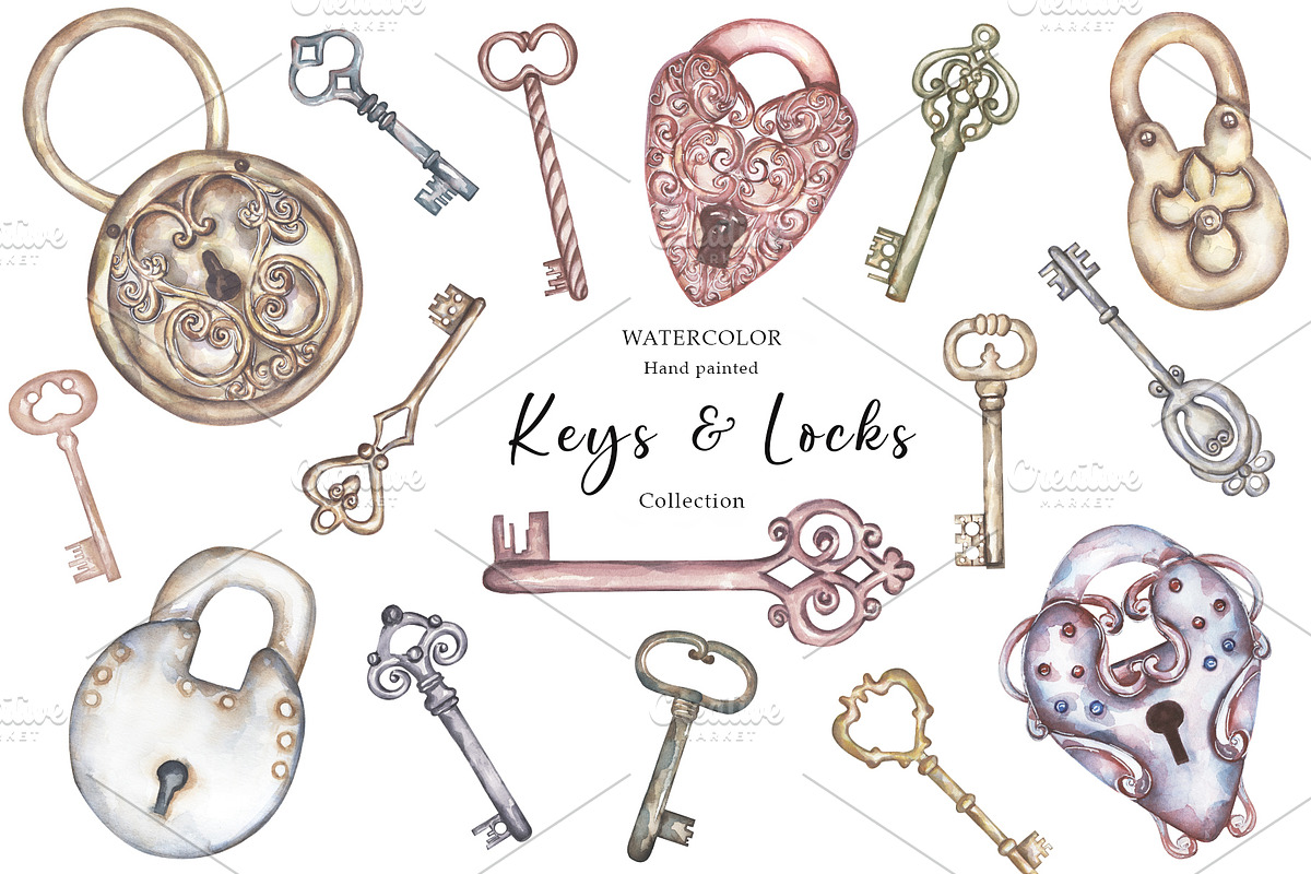 Watercolor Vintage Key Set, a Decorative Illustration by MayaNavits (Photo 1 of 12)