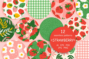 Strawberry. 12 seamless patterns